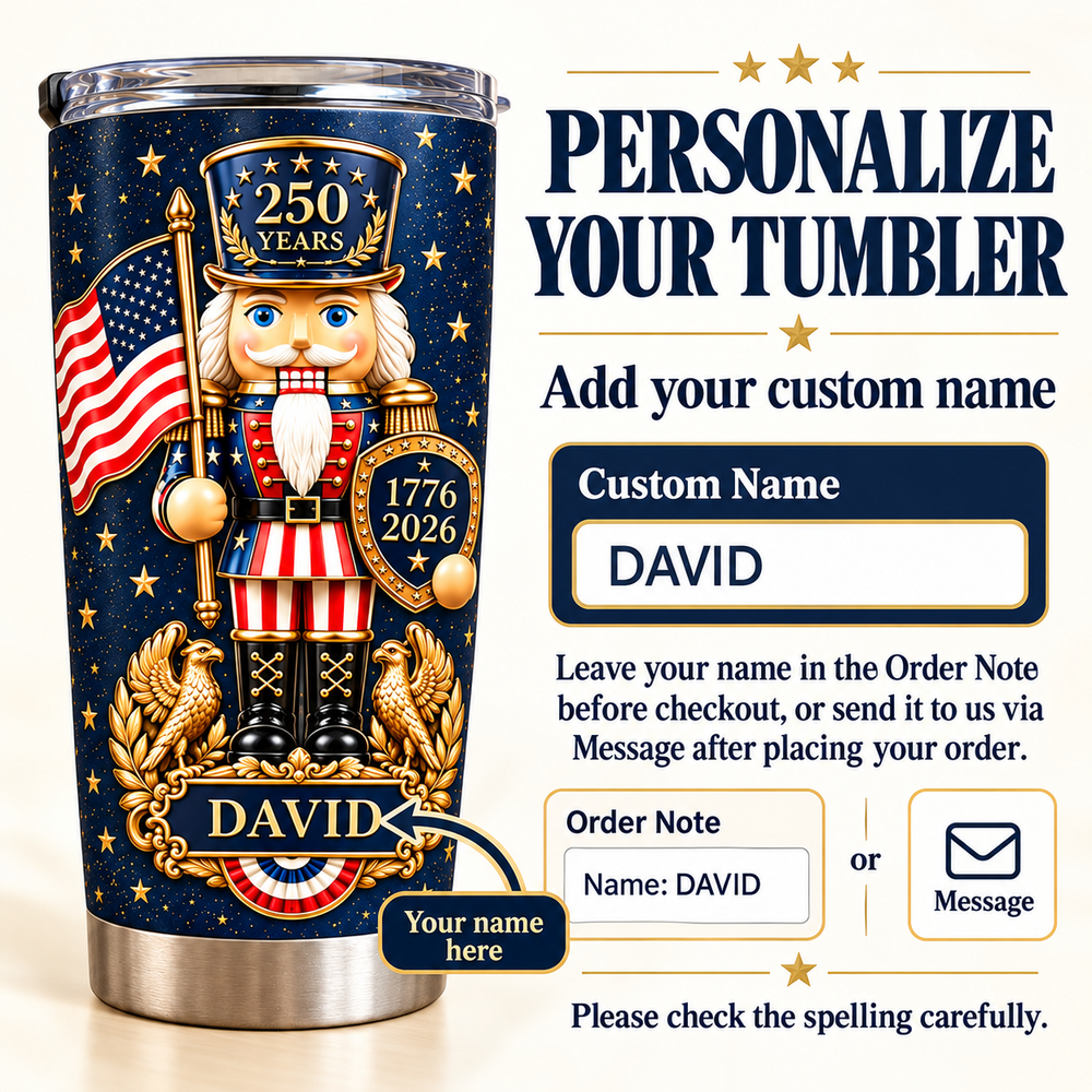 Instruction graphic explaining how to personalize the America semiquincentennial gift with a custom name.
