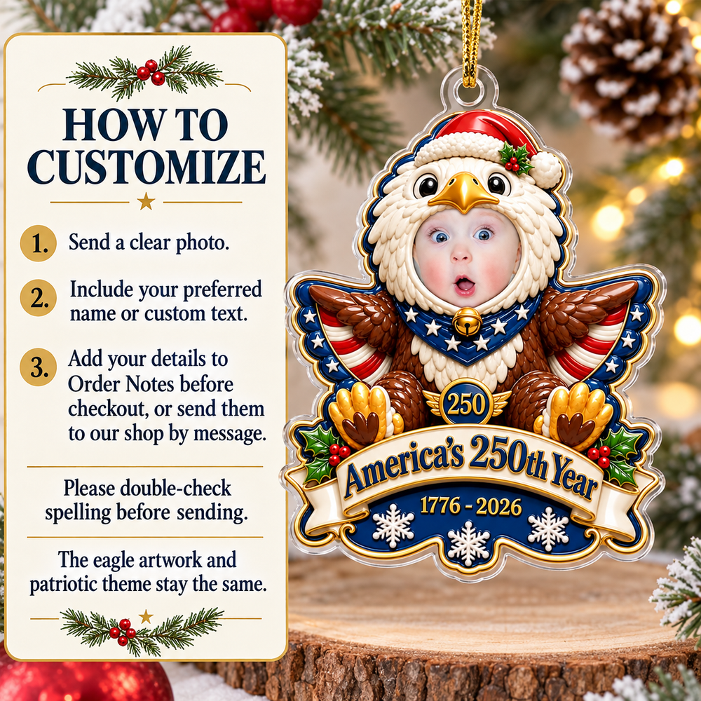 Instruction card showing how to customize the America 250th Christmas ornament.
