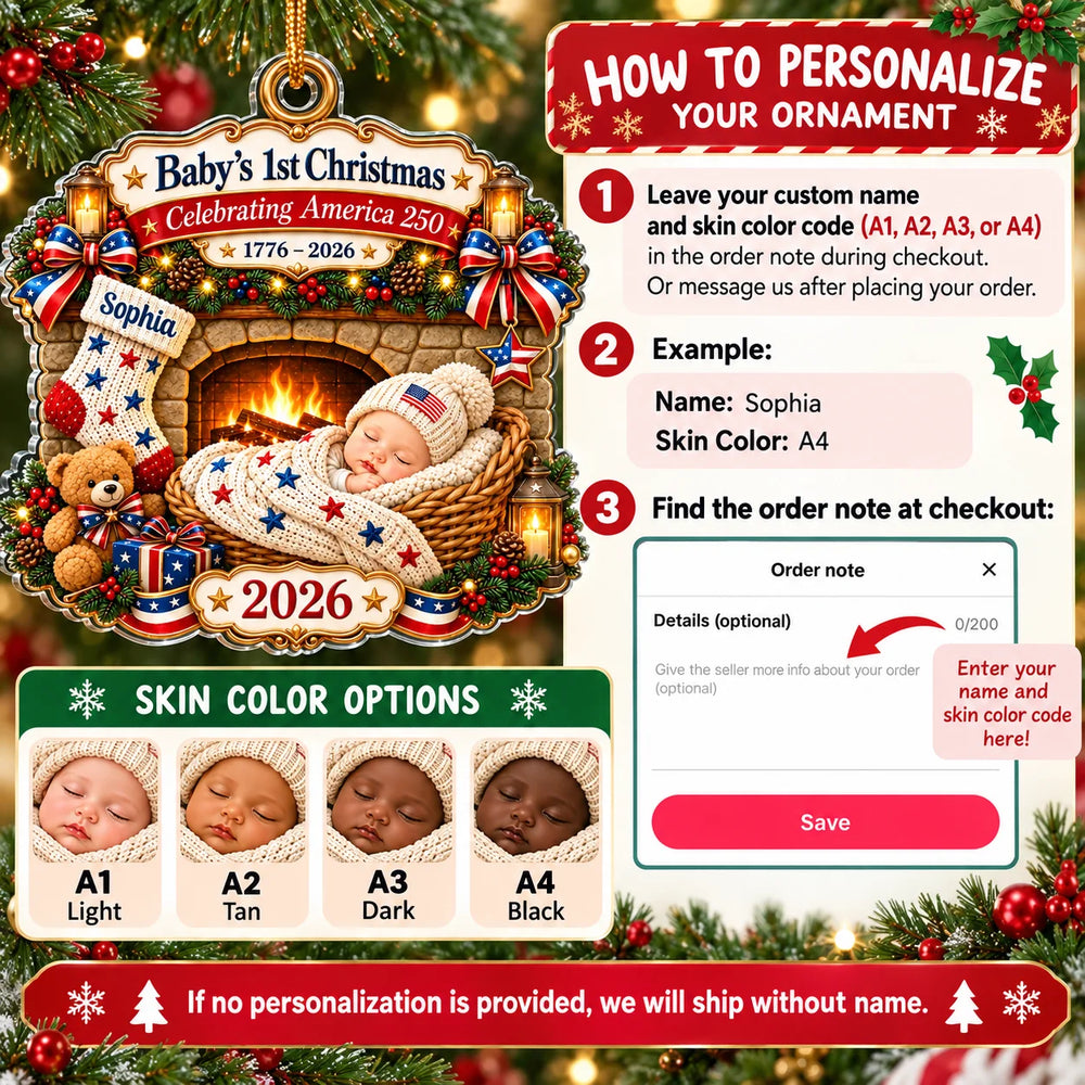 Instructional graphic showing how to personalize the baby name and select skin color for the holiday keepsake.