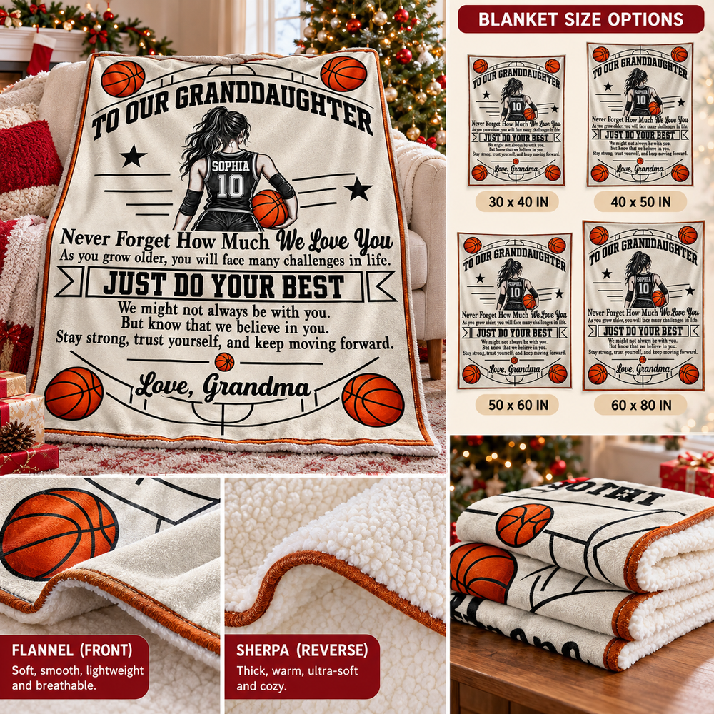 Personalized Basketball Granddaughter Blanket Custom Name Jersey Number Gift — personalization and size guide