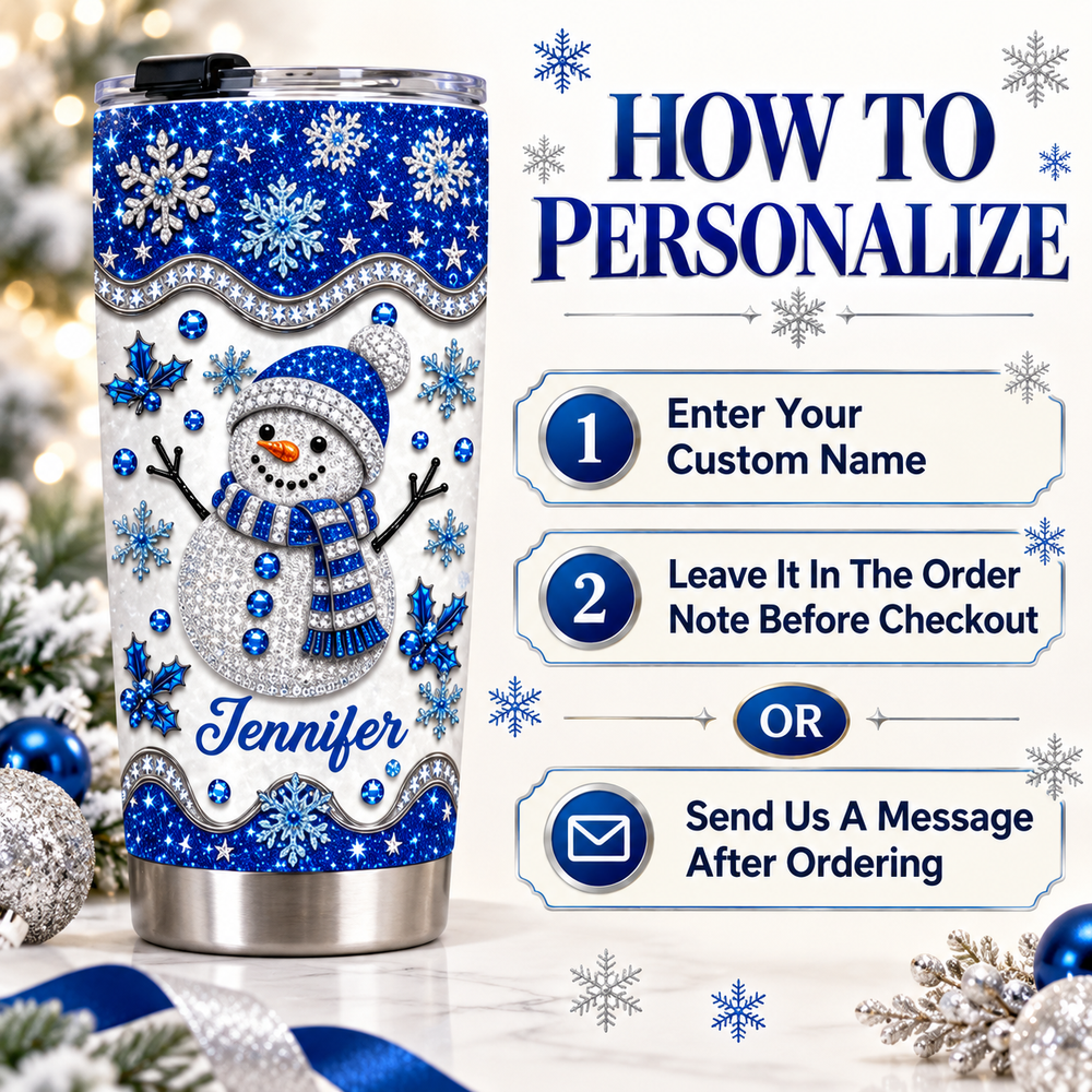 Instruction graphic on how to personalize blue glitter snowman tumbler.