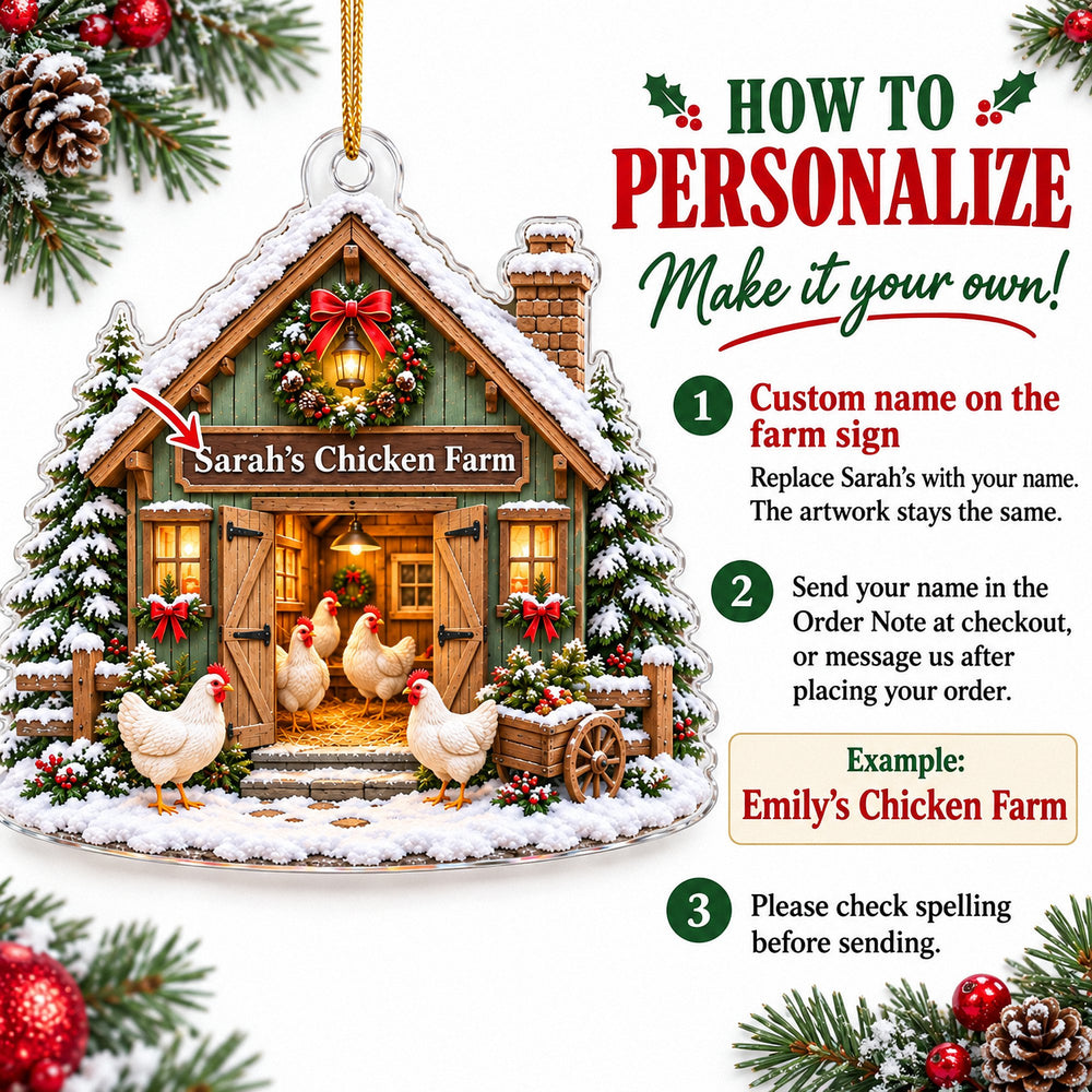 Instruction graphic explaining how to personalize the custom chicken coop ornament