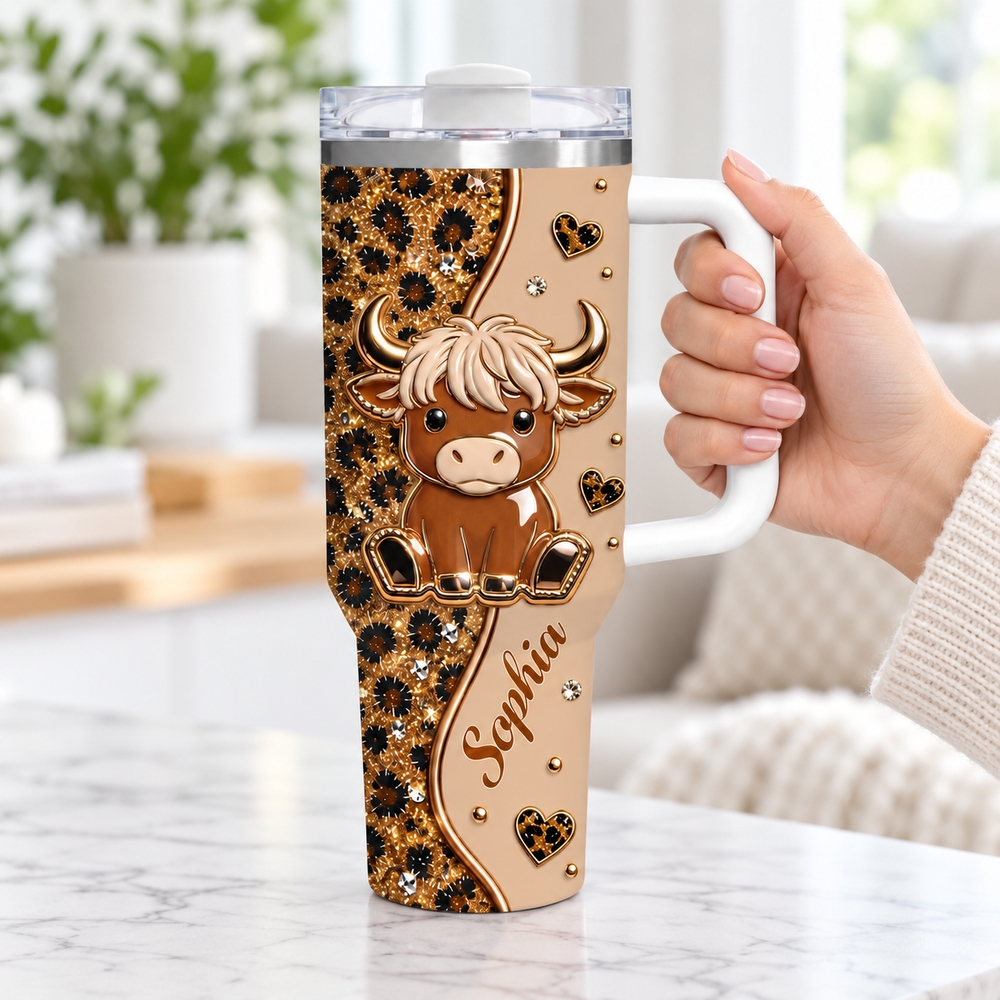 A hand holding a 40oz custom name tumbler featuring a brown leopard print background and a cute baby highland cow.