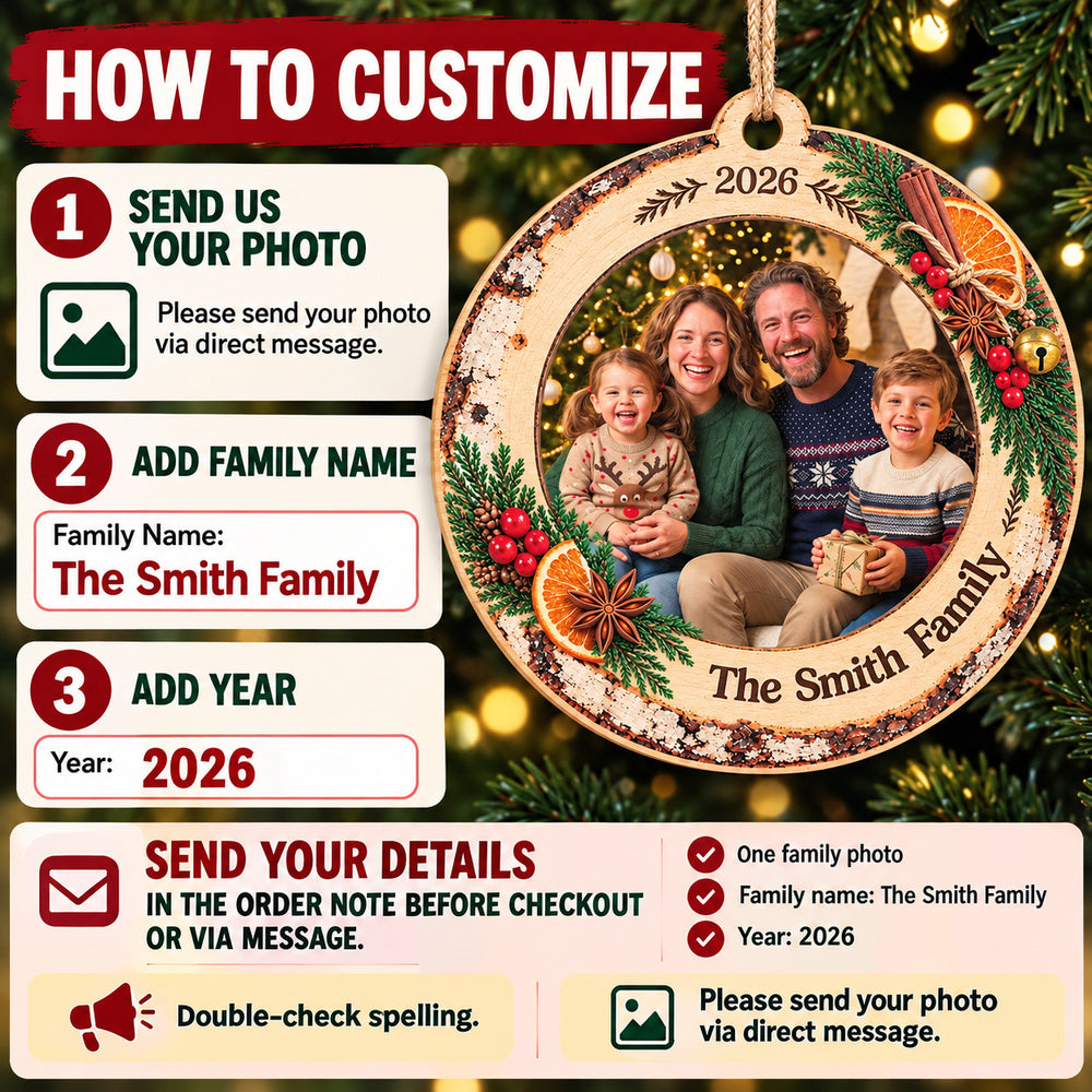 Personalized Family Photo Wooden Ornament Custom Family Name Year - personalization choices and ordering instructions