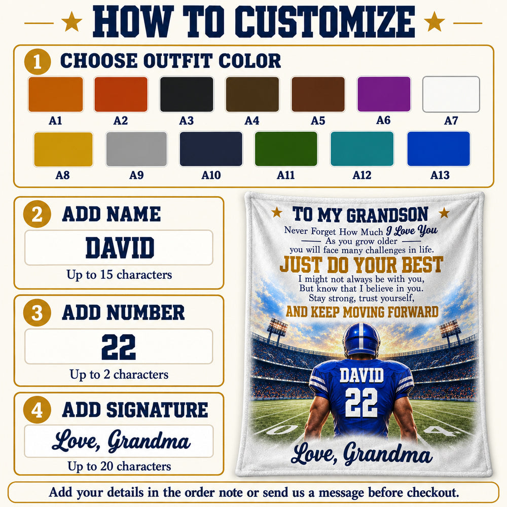 Personalized Football Grandson Blanket Custom Name Number Grandma Gift - personalization choices and ordering instructions