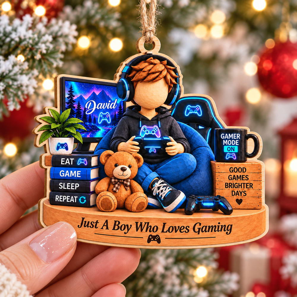 Personalized Gamer Boy Wood Ornament Custom Name Gaming Christmas Gift - product view 2