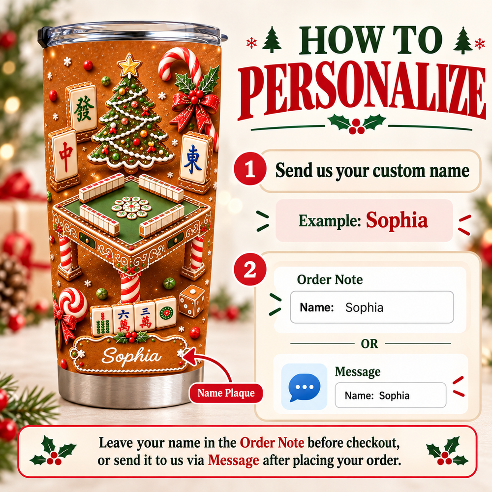 Instruction graphic showing how to order the custom name tumbler with example and text boxes.