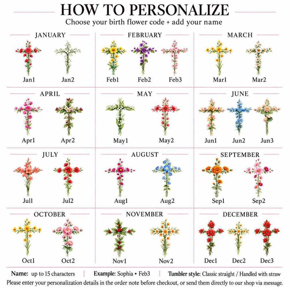 Personalized God Says I Am Birth Flower Cross Name Christian Tumbler - personalization options and ordering guide
