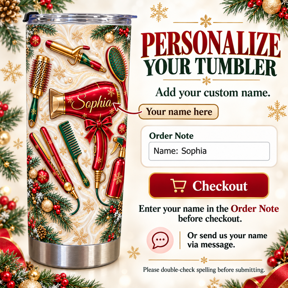A graphic displaying a personalized tumbler for a cosmetologist next to checkout instructions and order note text fields.