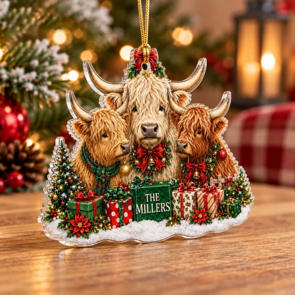 Close-up of the Highland Cow Family Christmas Ornament on a wooden surface with a snowy base and wrapped presents.