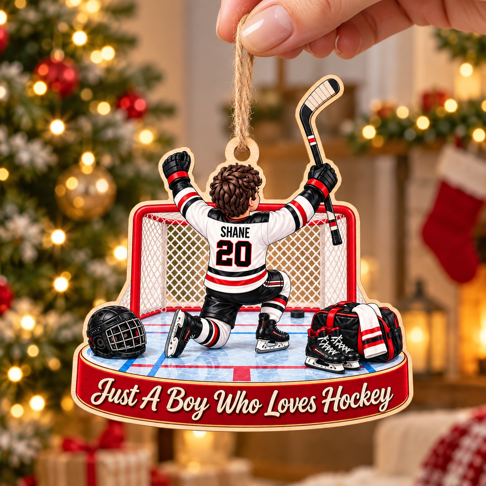 Personalized Hockey Boy Wood Ornament Custom Name Number Sports Gift - product view 2