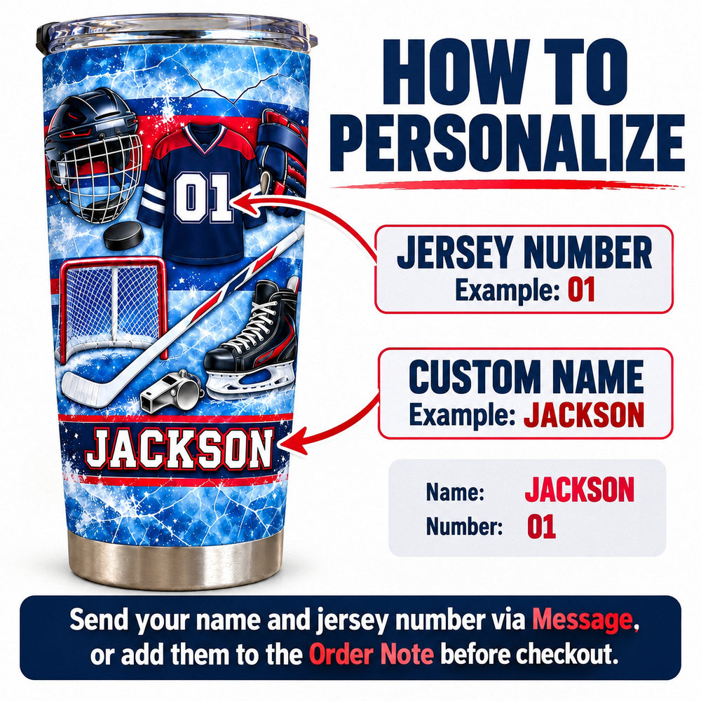 Ice Hockey Equipment Collage Tumbler graphic showing how to customize the jersey number and name on the stainless steel cup.
