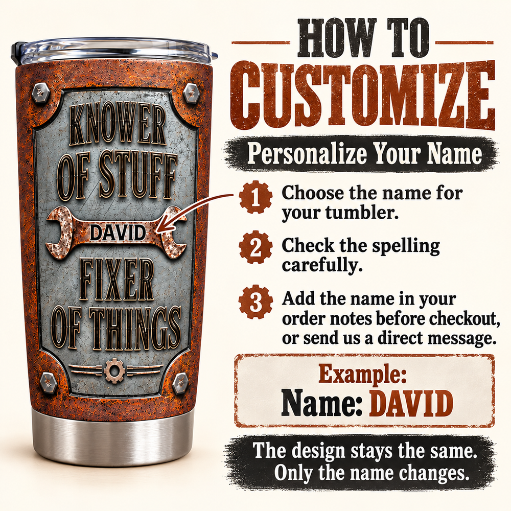 An instruction graphic explains how to personalize the custom handyman tumbler with a name and three easy steps.