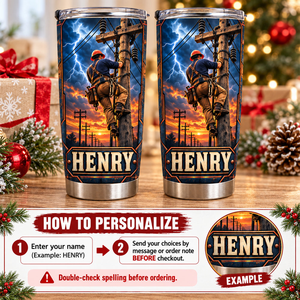 Personalized Lineman Storm Tumbler Custom Name Utility Worker Gift - personalization options and ordering guide