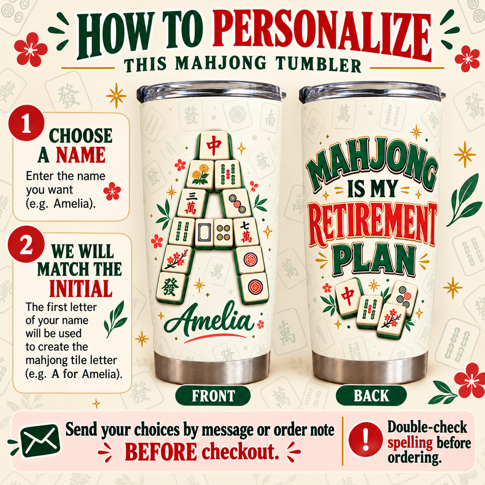 Personalized Mahjong Retirement Tumbler Custom Name Initial Gift — personalization and size guide