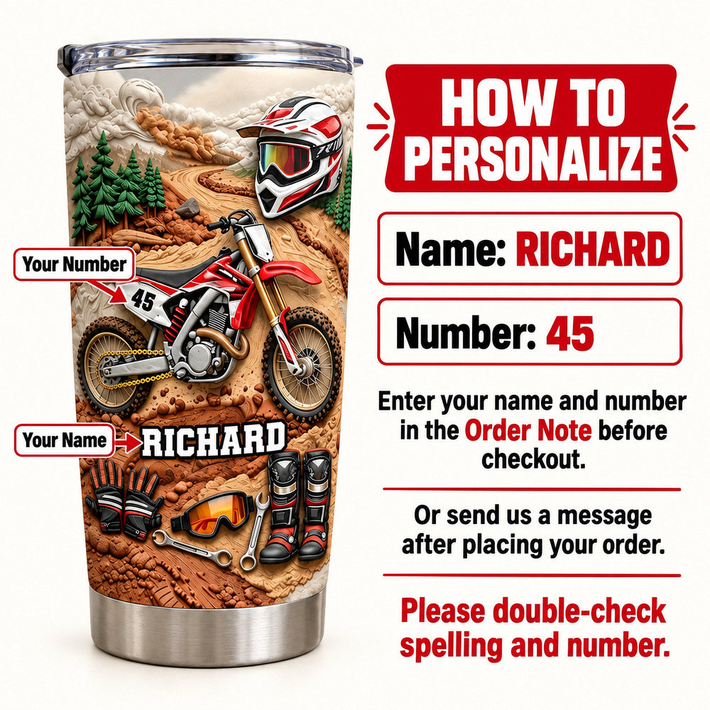How to personalize infographic showing custom name and number steps for motocross dirt bike gear tumbler.