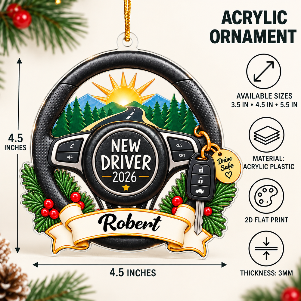 Infographic showing acrylic ornament sizing, 3mm thickness, and material details next to the steering wheel design.