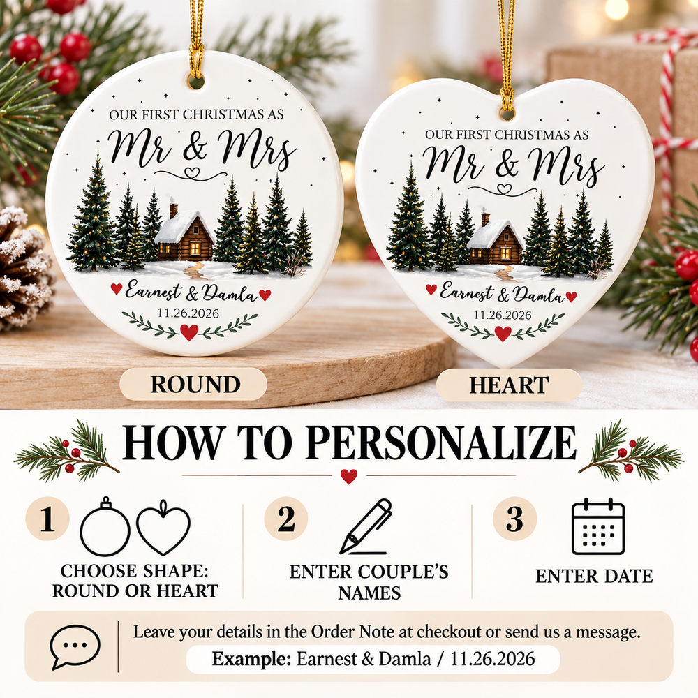 Instructional graphic showing how to personalize round or heart ceramic ornaments with names and date.