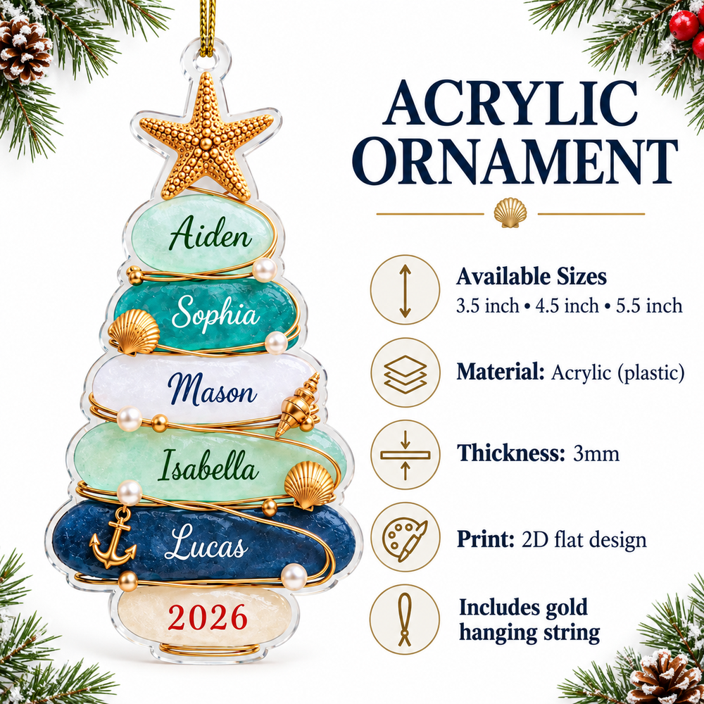 Infographic showing acrylic ornament sizing, material, 3mm thickness, 2D flat design, and hanging string.