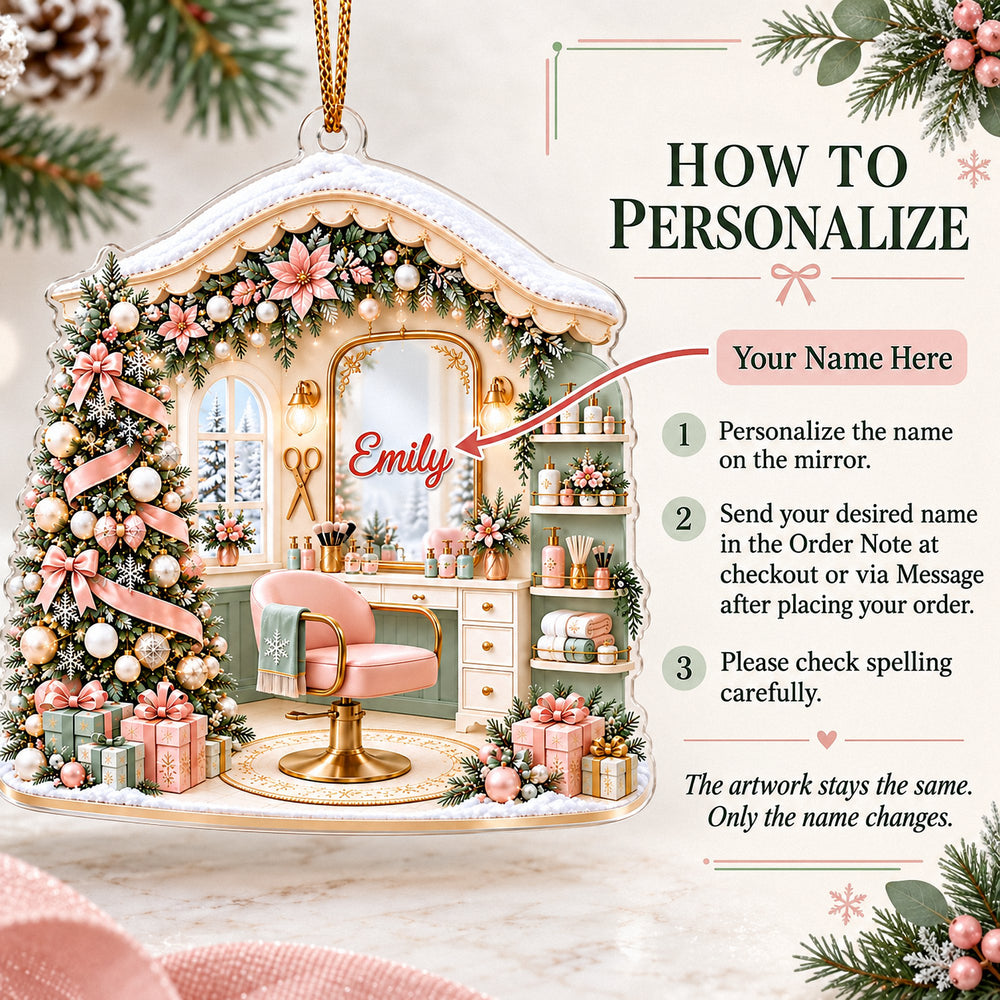 Instruction graphic showing how to personalize the hair stylist ornament with a custom name on the mirror