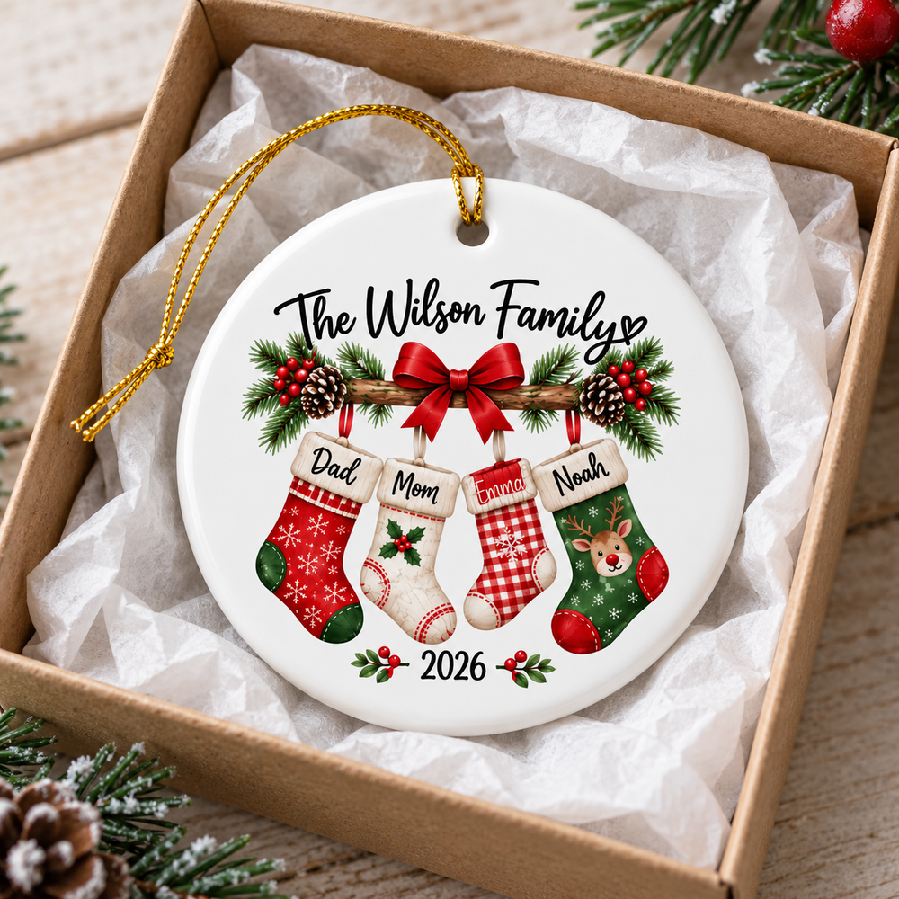 Round ceramic christmas stocking ornament placed inside an open gift box with tissue paper.