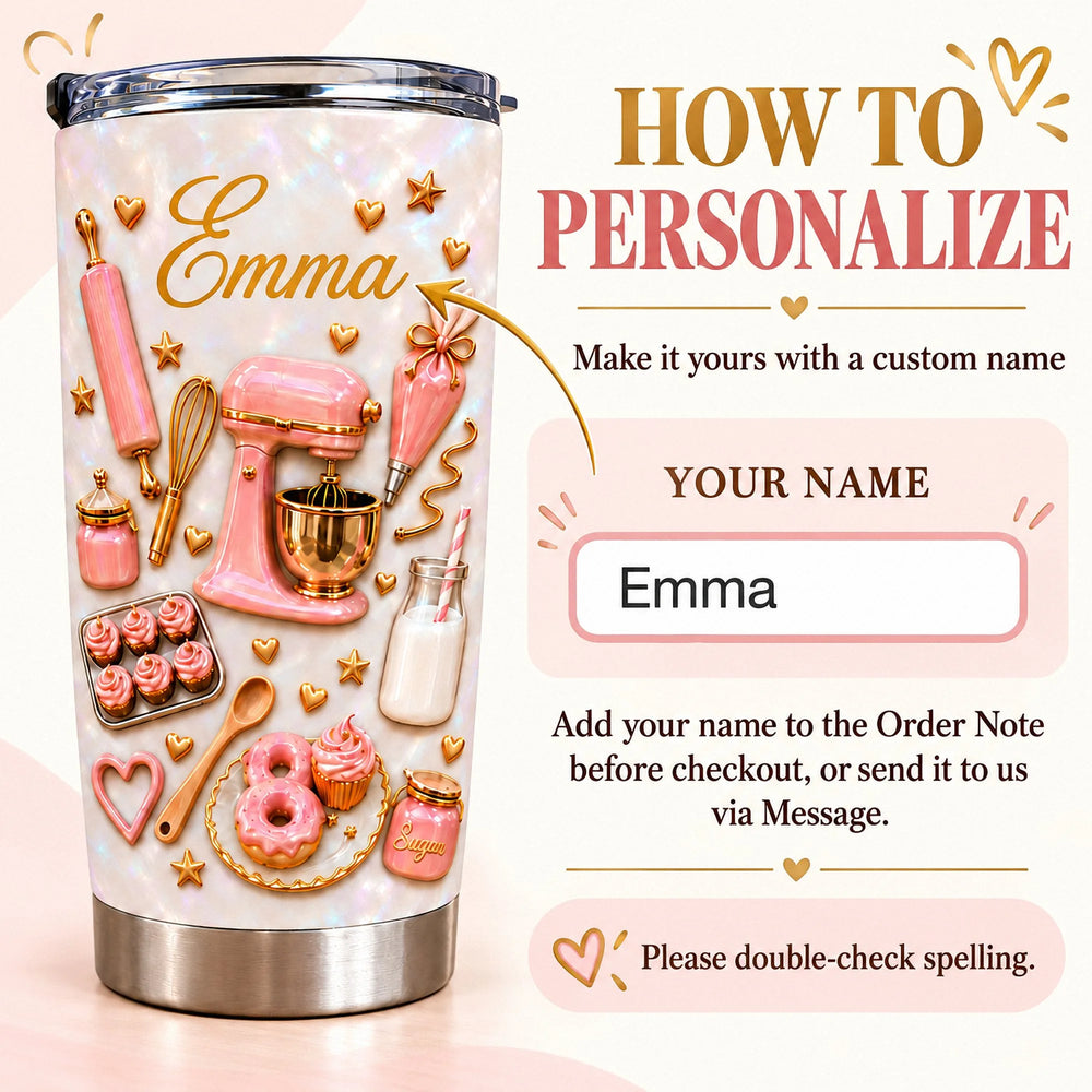 How to personalize infographic showing pink baking equipment collage tumbler with name Emma