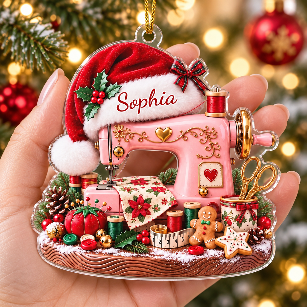 Personalized Pink Sewing Machine Christmas Ornament Custom Name Quilter Gift - product view 2