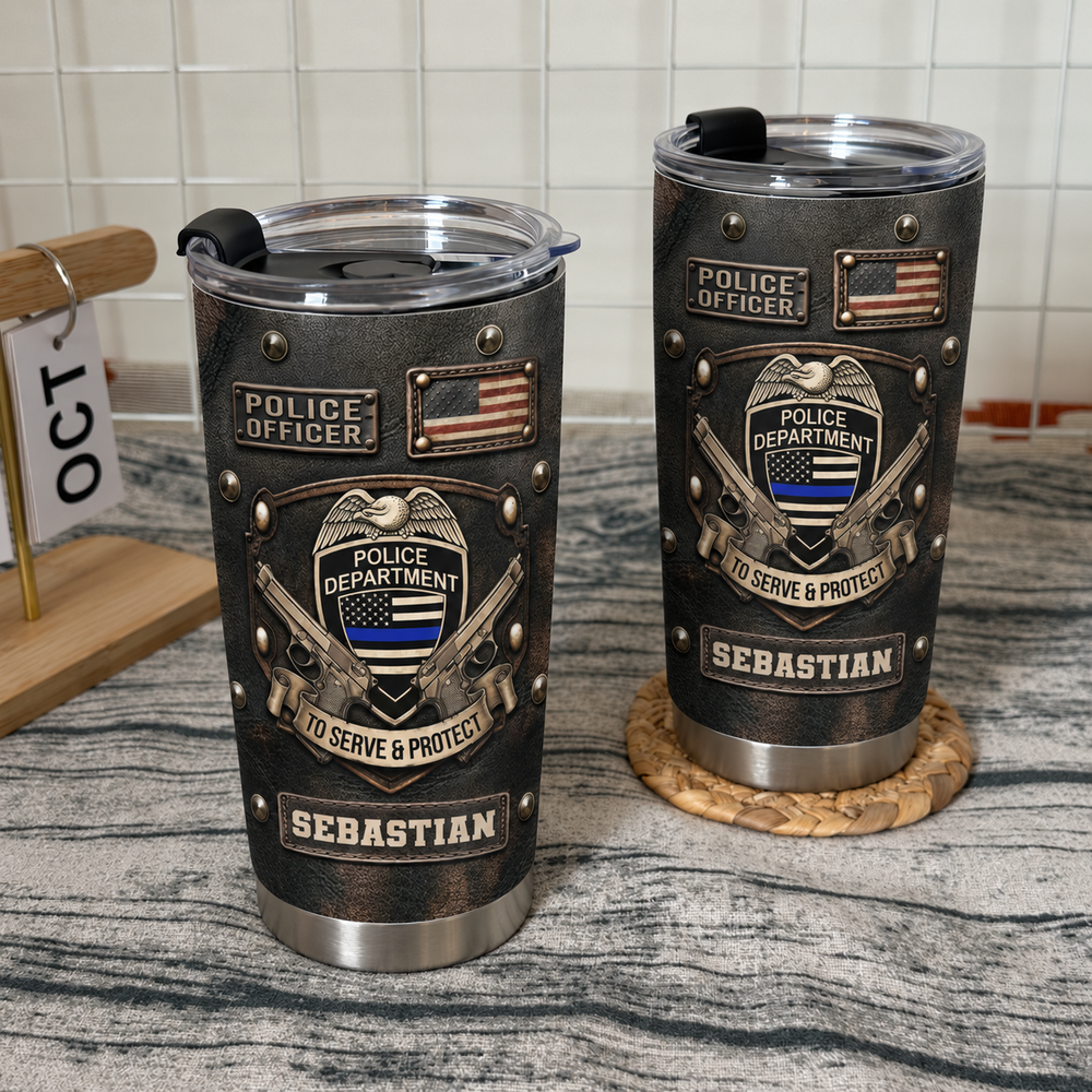 Two black faux-leather tactical tumblers with thin blue line flag and police badge graphics displayed on a gray textured