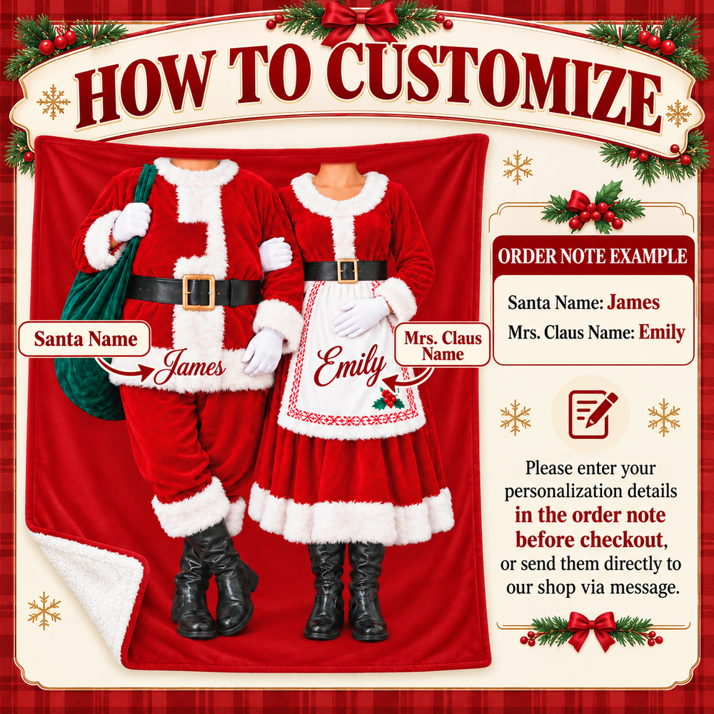 Instructional graphic showing how to personalize the Santa and Mrs Claus couple blanket with custom names.