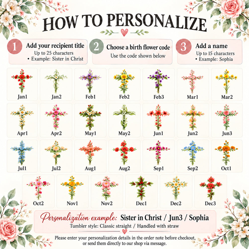 Personalized Sister in Christ Birth Flower Tumbler Custom Title Name - personalization options and ordering guide