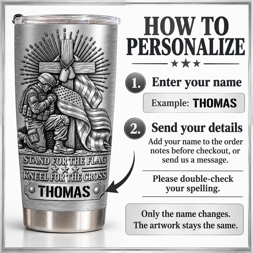 Instruction graphic showing how to personalize the custom name tumbler with Thomas.