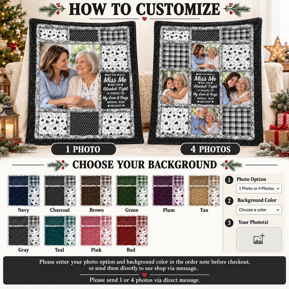 Customization guide showing 1 photo or 4 photos options and multiple background color swatches for the quilt.