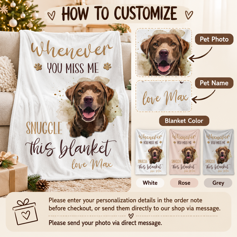An informational graphic shows steps to customize the dog name blanket with pet photos, names, and color options.