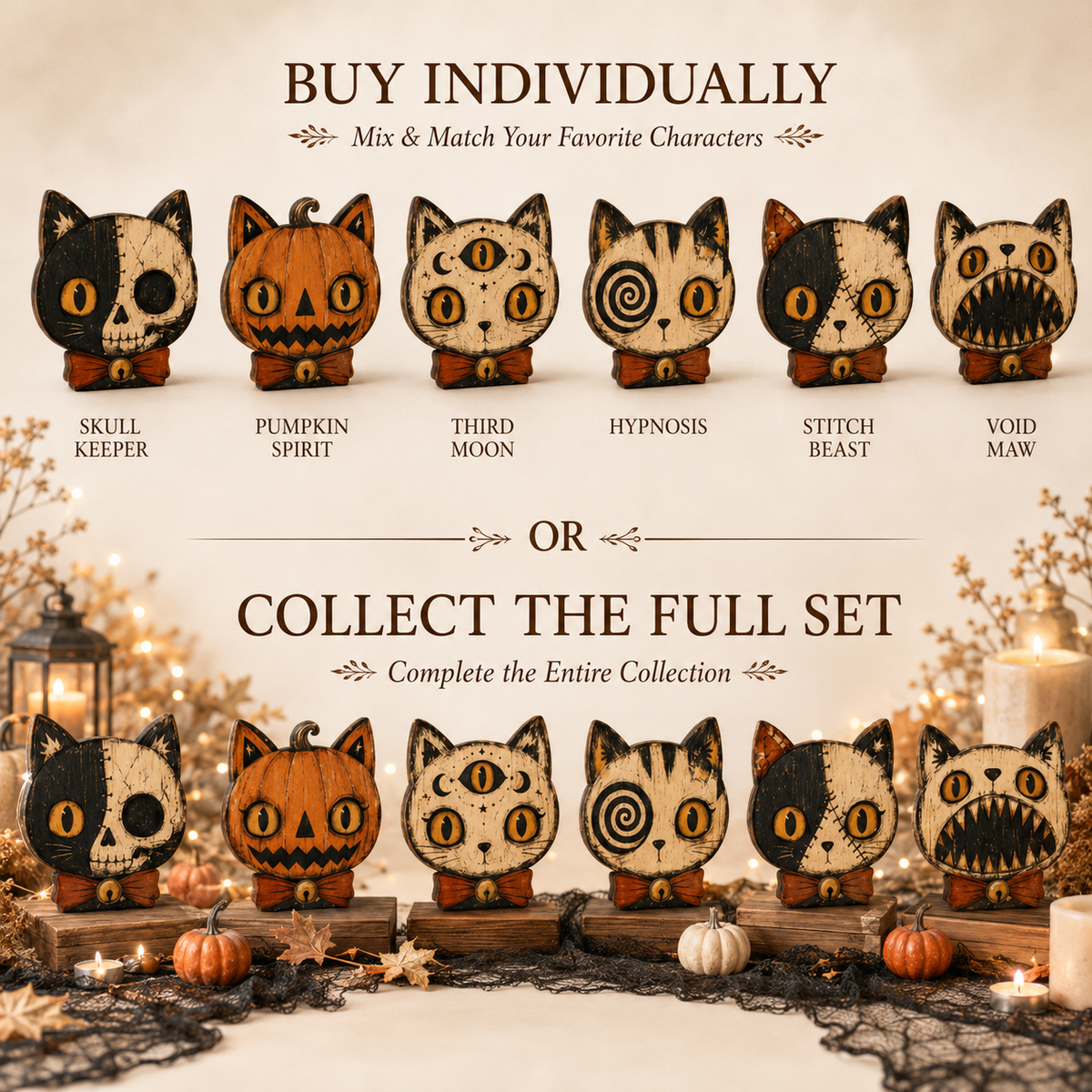 Vintage Halloween Black Cat Figurine Set Wooden Block Decor Spooky Cute Shelf Sitter