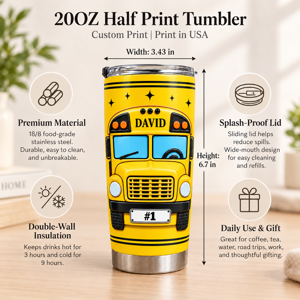 Infographic showing 20oz stainless steel school bus driver tumbler features, dimensions, double-wall insulation and lid