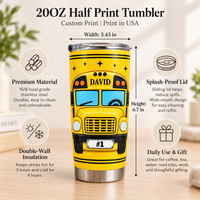 Infographic showing 20oz stainless steel school bus driver tumbler features, dimensions, double-wall insulation and lid