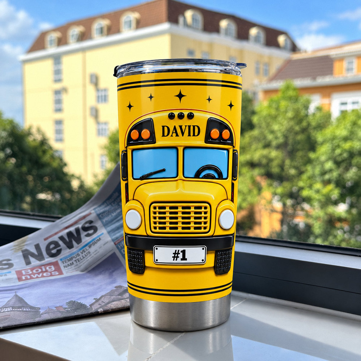 Stainless steel school bus driver tumbler placed on a windowsill with a blurred yellow building and newspaper in the