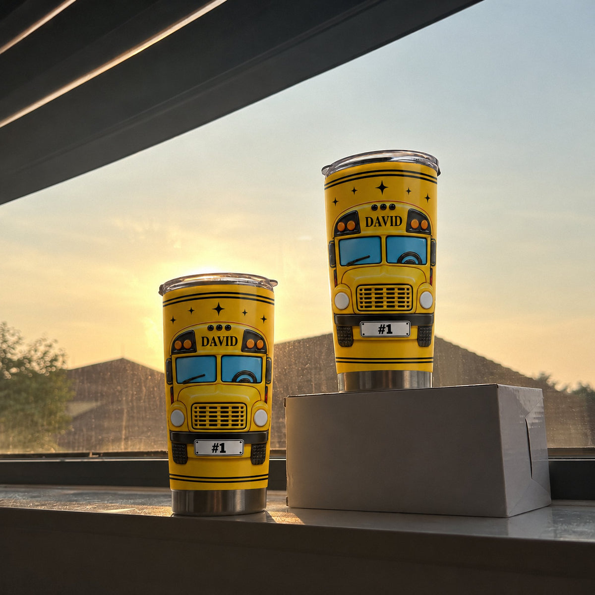Two stainless steel school bus driver tumblers of different sizes positioned on a windowsill against a bright sunset