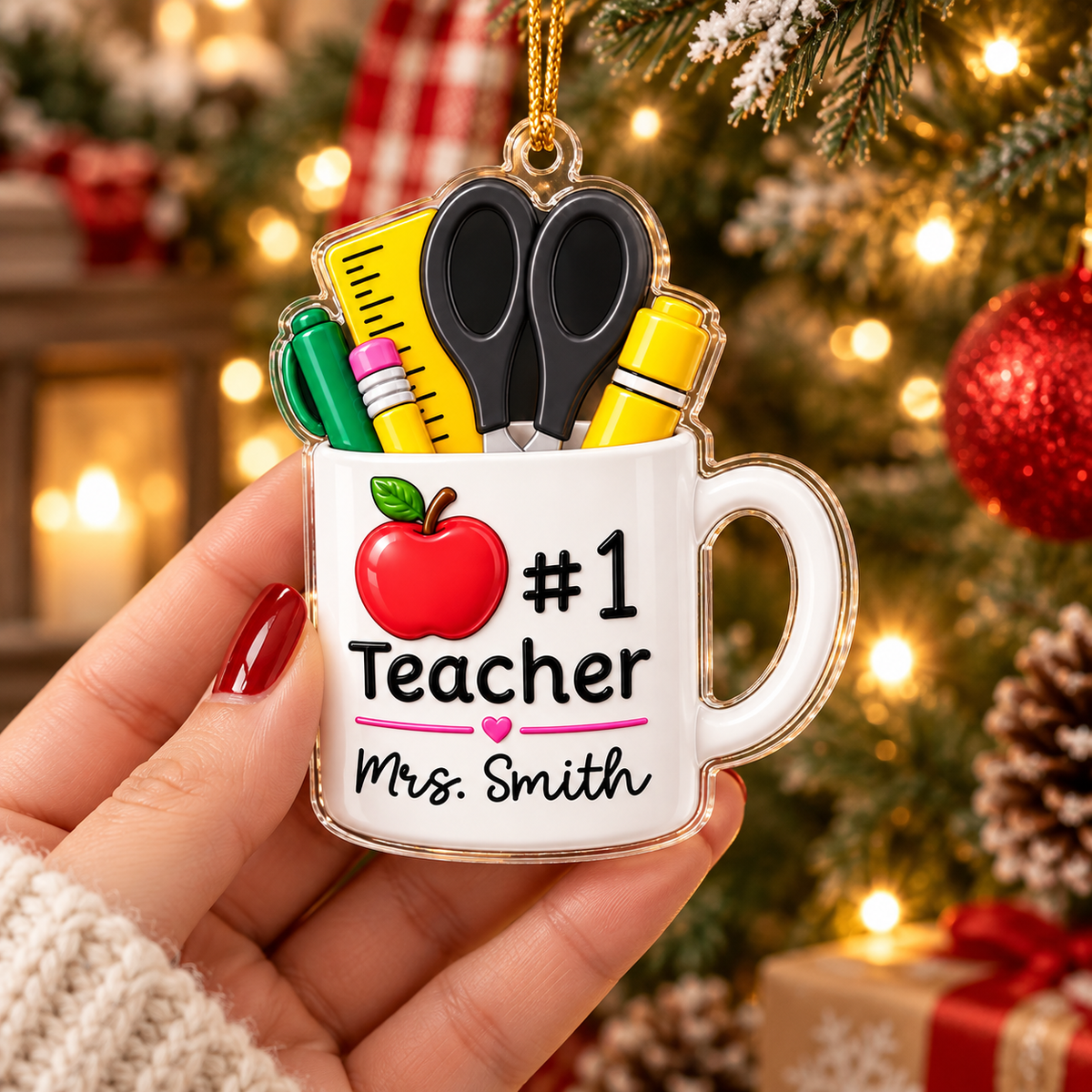 #1 Teacher Ornament Personalized Christmas Gift for Educators on a hanger, ready to ship from Austin, Texas