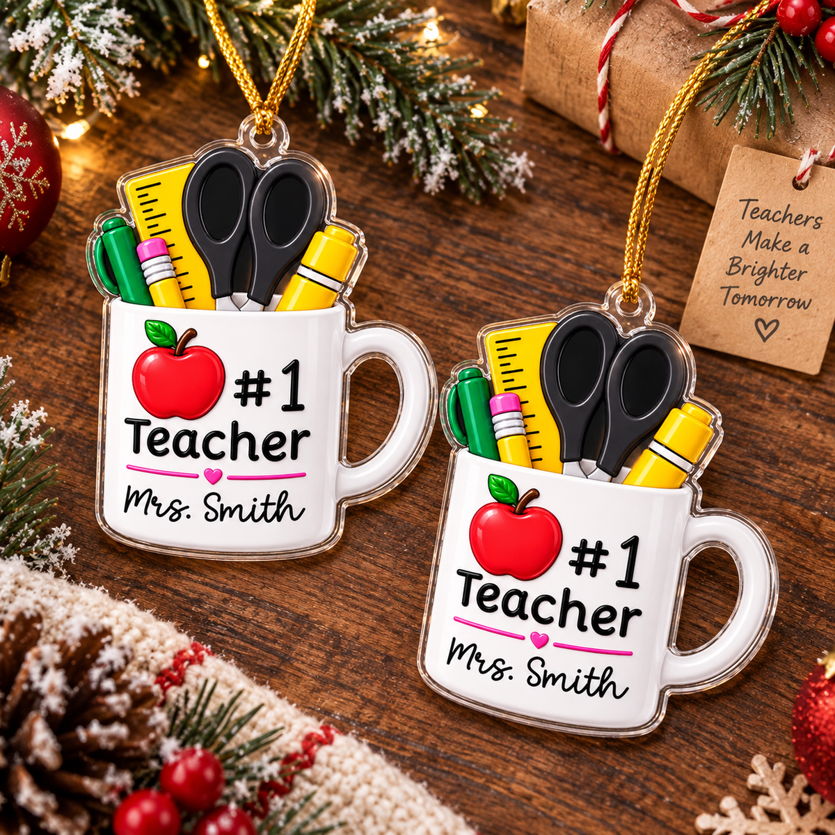 Close-up of #1 Teacher Ornament Personalized Christmas Gift for Educators for streetwear fans in Austin, Texas