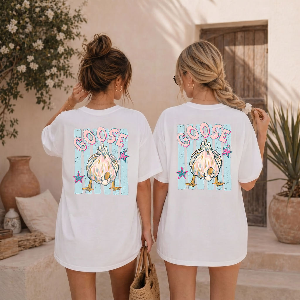 BojjiCo Trending Catch Phrase Shirt Duck Duck Goose Guess What Shirt Cute Brushstroke Duck Graphic Tee Summer Beach Vintage Tee Girly Boutique Tee Aesthetic Trendy Coppy Cute Birds Double Sided Print Short Sleeve T-Shirt