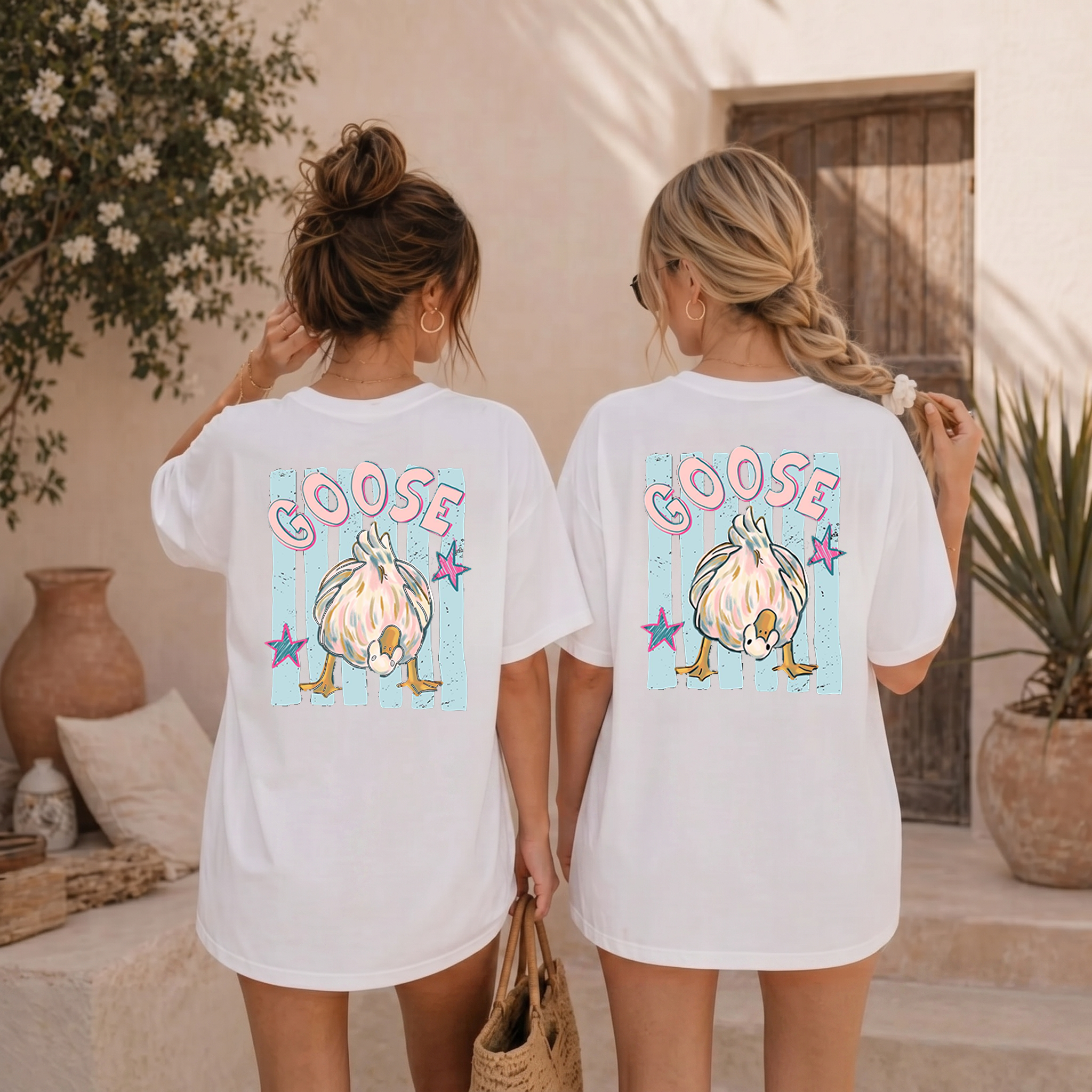 BojjiCo Trending Catch Phrase Shirt Duck Duck Goose Guess What Shirt Cute Brushstroke Duck Graphic Tee Summer Beach Vintage Tee Girly Boutique Tee Aesthetic Trendy Coppy Cute Birds Double Sided Print Short Sleeve T-Shirt