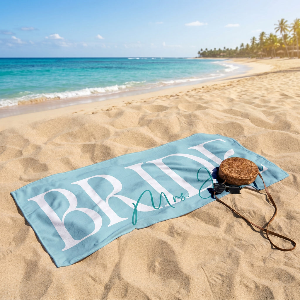 Bojjico Custom Personalized Future Mrs Bride Beach Towel for Women Elegant Coastal Aesthetic Light Blue Pool Towel Bachelorette Party Favor Bridal Shower Gift Honeymoon Travel Essential Summer Vacation Accessory Quick Dry