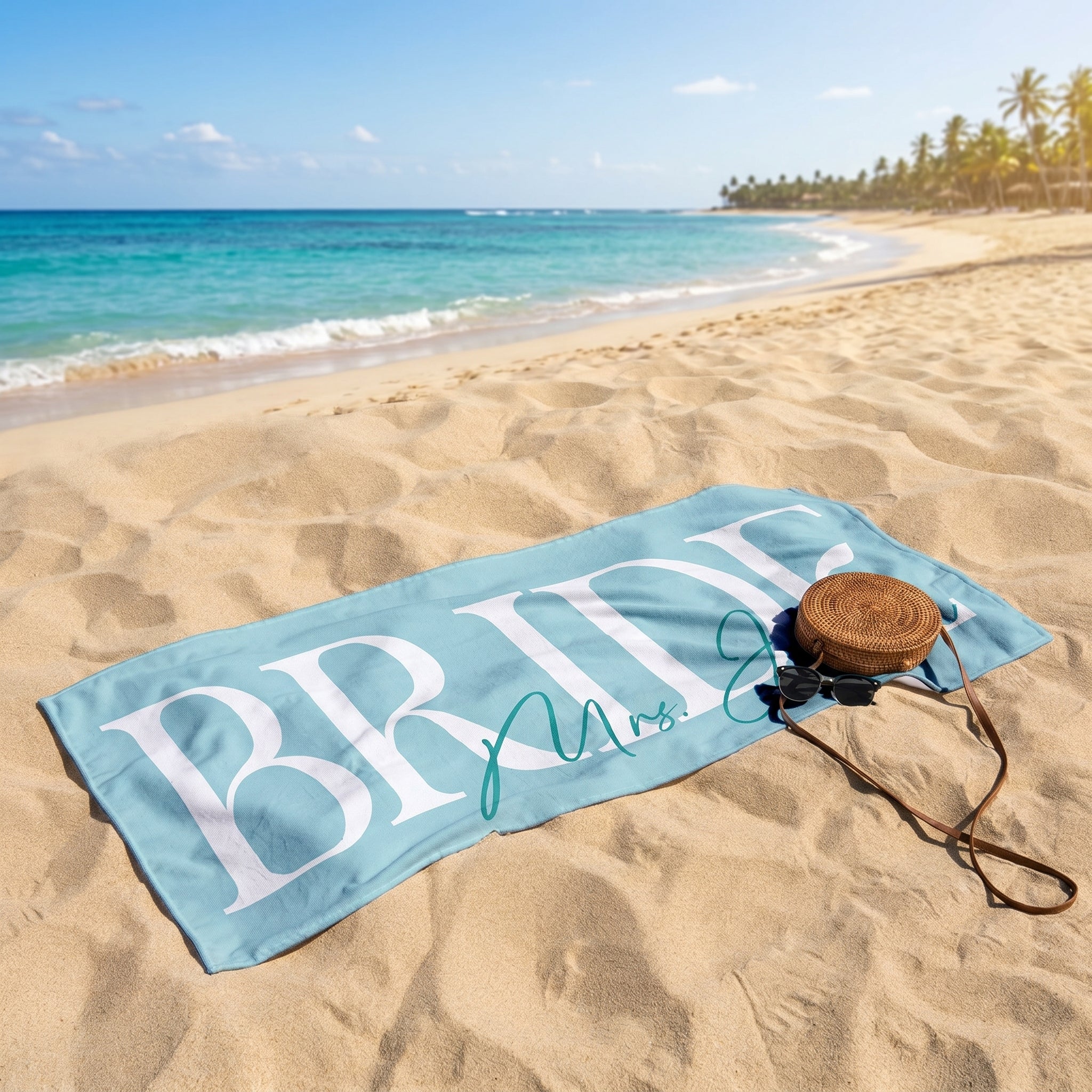 Bojjico Custom Personalized Future Mrs Bride Beach Towel for Women Elegant Coastal Aesthetic Light Blue Pool Towel Bachelorette Party Favor Bridal Shower Gift Honeymoon Travel Essential Summer Vacation Accessory Quick Dry