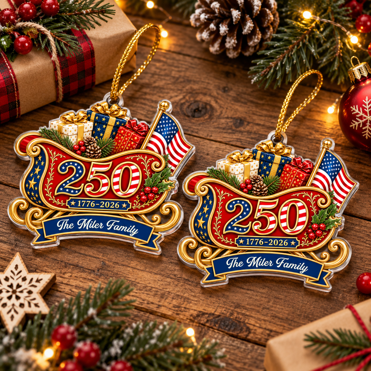 1776-2026 America 250th Anniversary Ornament Patriotic Semiquincentennial Christmas Keepsake on a hanger, ready to ship from Austin, Texas