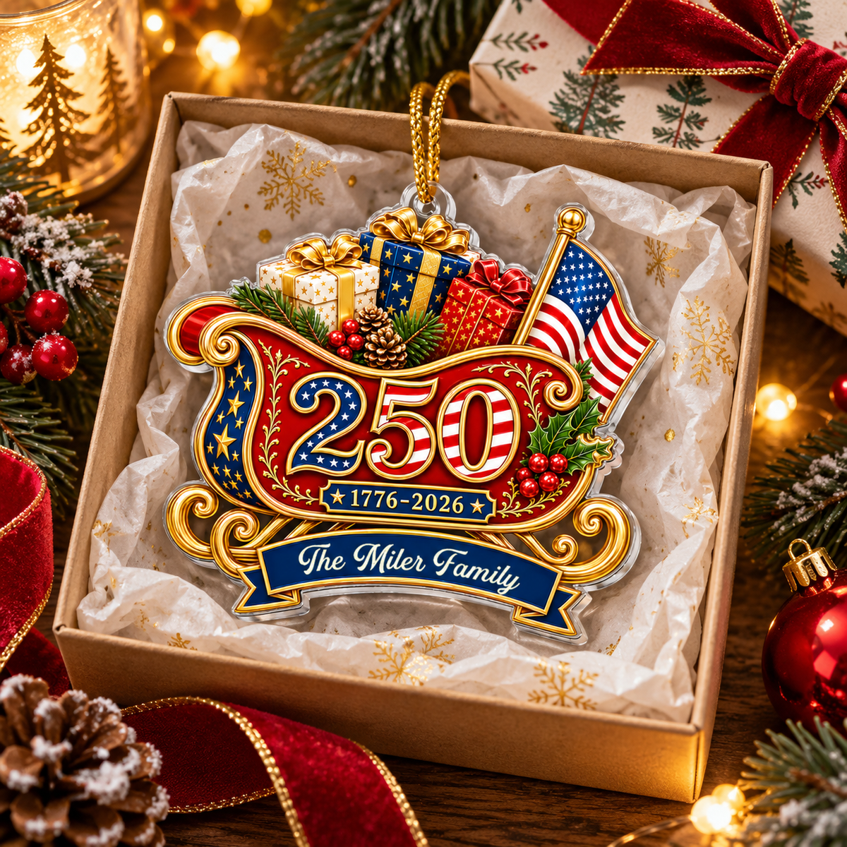 Customer in Austin, Texas wearing 1776-2026 America 250th Anniversary Ornament Patriotic Semiquincentennial Christmas Keepsake