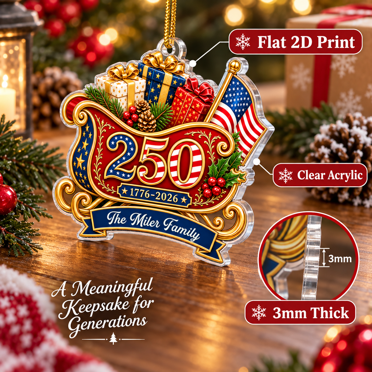Close-up of 1776-2026 America 250th Anniversary Ornament Patriotic Semiquincentennial Christmas Keepsake for streetwear fans in Austin, Texas