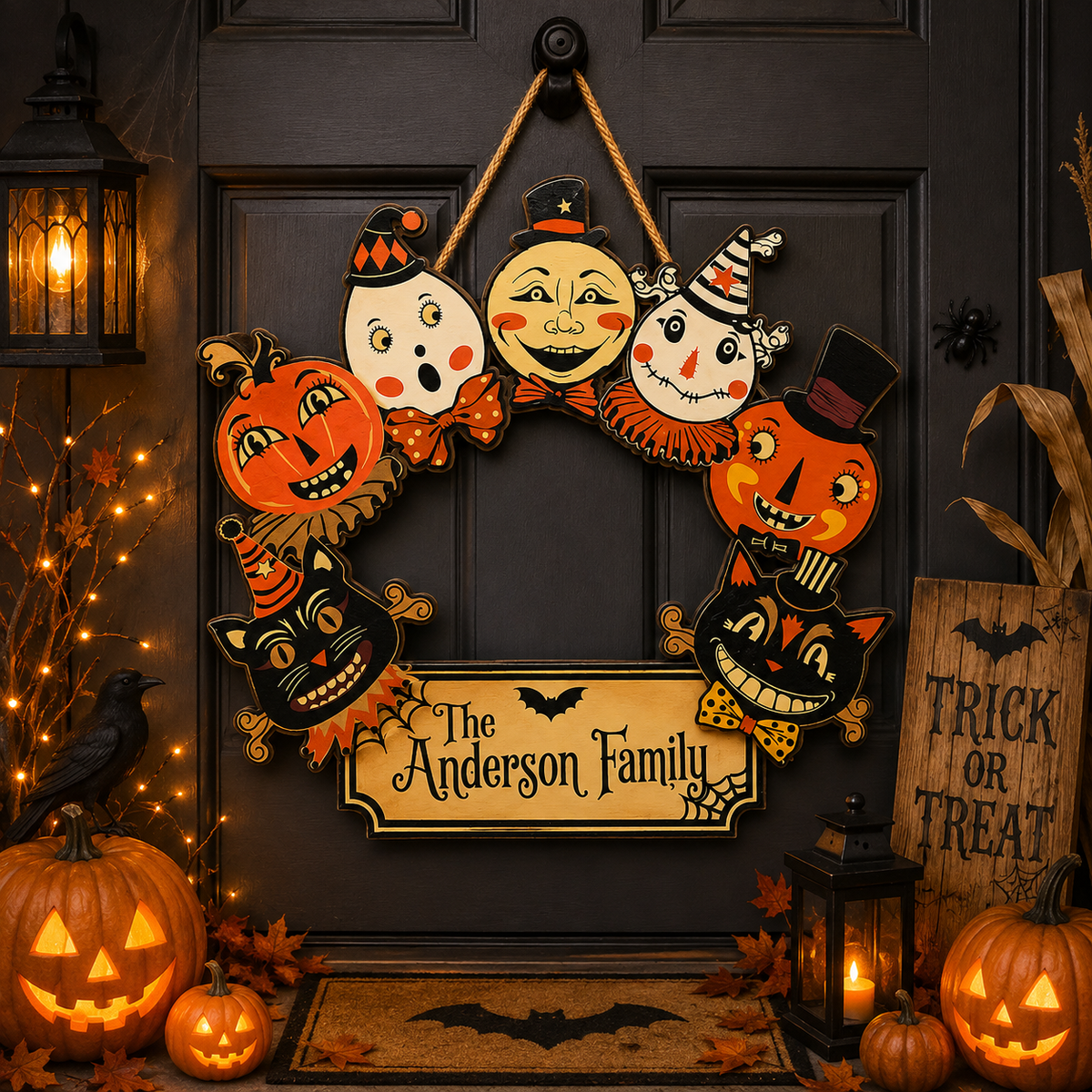 Vintage Halloween Personalized Family Name Wooden Hanging Sign
