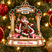 Personalized Mouse King Nutcracker acrylic ornament in red and gold royal attire with gifts and 'Helen as Clara' text.
