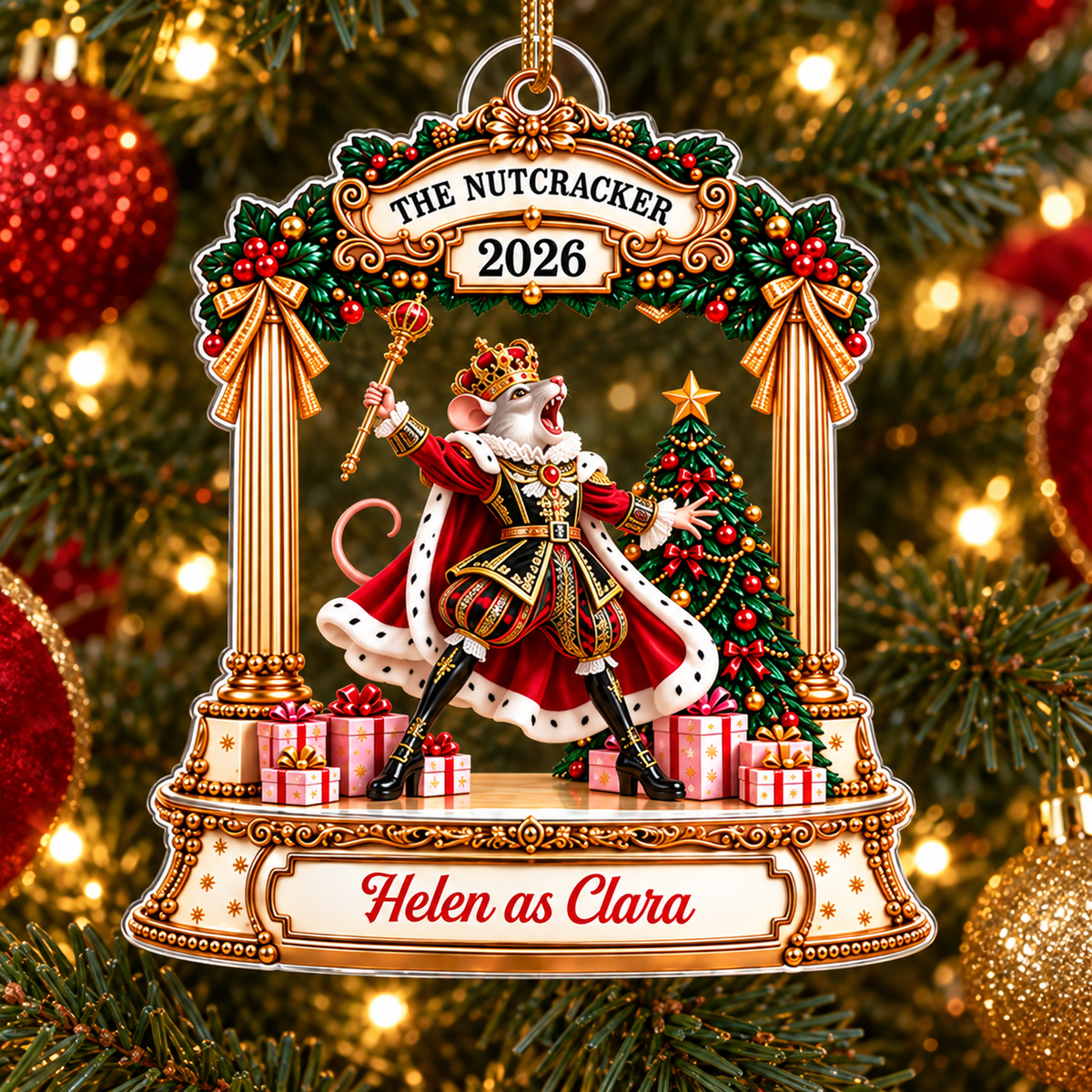 Personalized Mouse King Nutcracker acrylic ornament in red and gold royal attire with gifts and 'Helen as Clara' text.